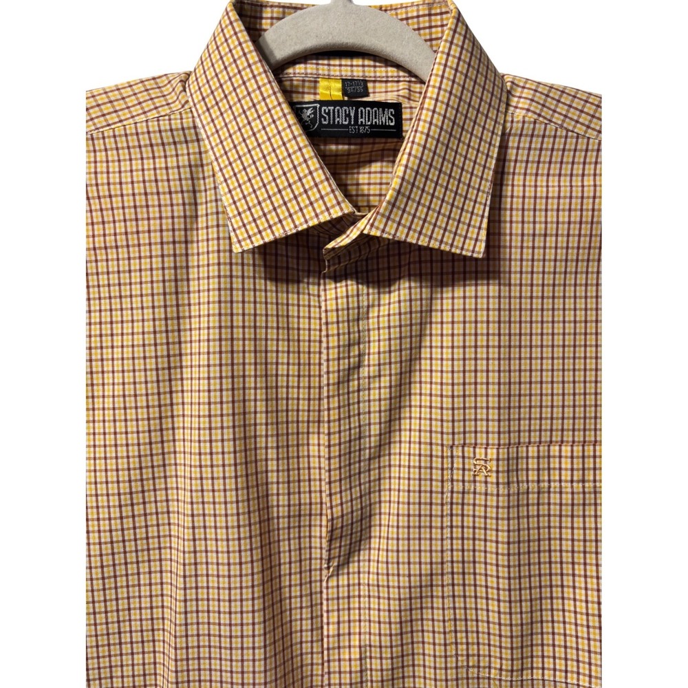 Stacy Adams Men Long Sleeve Plaid Button Down Shirt Size 17.5 34 35 Yellow XXL